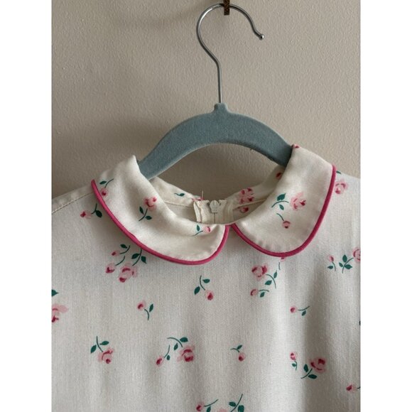 Vintage Girls Kids  1980s 90s Girls Roses Dress w/ Peter Pan Collar Ivory Pink 6 - Picture 3 of 11